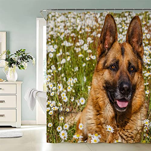 BUMIYA Duschvorhang, Anti-Schimmel Textil Waschbar Hunde Anti-Bakteriel Badvorhänge Deutscher Schäferhund 3D Wasserdicht Duschvorhänge für Badezimmer (180 x 180 cm) von BUMIYA