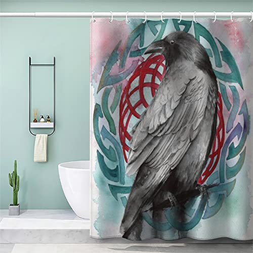 BUMIYA Duschvorhang, Anti-Schimmel Textil Waschbar Wikinger Anti-Bakteriel Badvorhänge Wikingerkrähe 3D Wasserdicht Duschvorhänge für Badezimmer (180 x 180 cm) von BUMIYA
