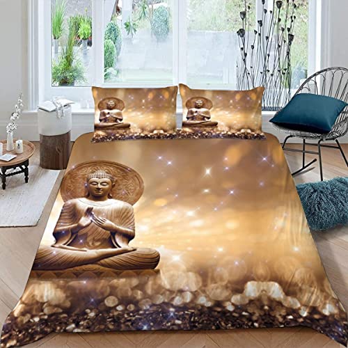 BUMIYA Kinder Bettwäsche 135x200 2 teilig Buddha-Druck 3D Druck Bettwäsche 100% Mikrofaser Weiche kuschelig mit Reißverschluss Goldstern Jungen Mädchen Bettbezüge mit 2 Kissenbezug 80x80 cm von BUMIYA