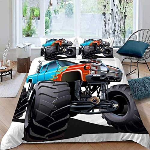 BUMIYA Kinder Bettwäsche Set 135x200 3D Druck Truck Bettwäsche100% Mikrofaser Weiche mit Reißverschluss Coole Monster Trucks Winter Herbst Bettbezüge mit 2 Kissenbezug 80x80 cm von BUMIYA