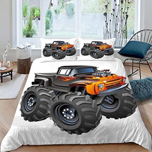 BUMIYA Truck Bettwäsche 135×200 Weiche Mikrofaser 3D Druck Big Wheel Truck Bettbezug mit Reißverschluss Für Kinder Zimmer Dekor Winter Herbst 3 Teilig Bettwäsche Set mit 2 Kissenbezüge 80×80 cm von BUMIYA