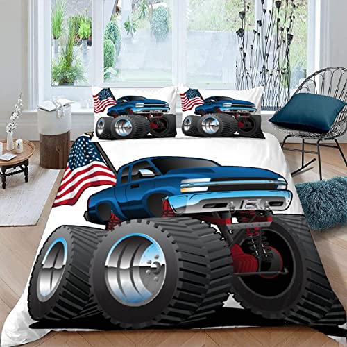 BUMIYA Truck Bettwäsche 155×220 Weiche Mikrofaser Bettbezug 3D Druck Coole Monster Trucks mit Reißverschluss Für Teenager Jungen Mädchen Winter Herbst Bettwäsche Set mit 2 Kissenbezüge 80×80 cm von BUMIYA