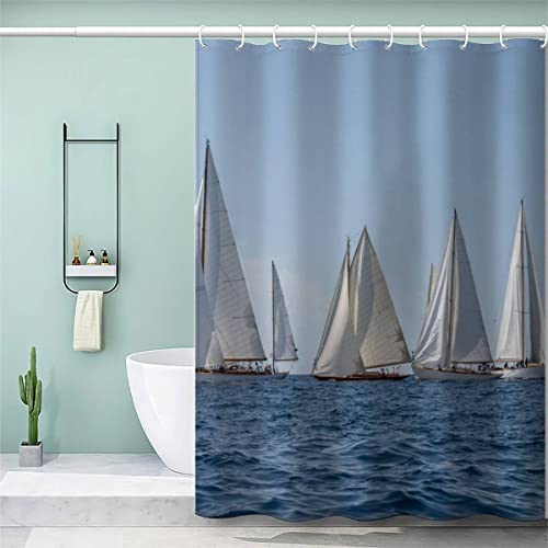 Duschvorhang, Anti-Schimmel Textil Waschbar Italienisches Segelschiff Anti-Bakteriel Badvorhänge Blaues Meer 3D Wasserdicht Duschvorhänge für Badezimmer (180 x 180 cm) von BUMIYA