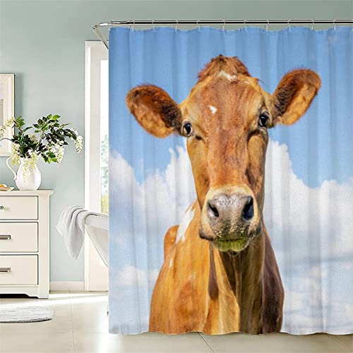 Duschvorhang, Anti-Schimmel Textil Waschbar Kuh Tiere Anti-Bakteriel Badvorhänge Braune Kuh 3D Wasserdicht Duschvorhänge für Badezimmer (240 x 200 cm) von BUMIYA