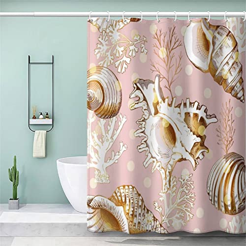 Goldene Muscheln Und Korallen Duschvorhang 180x200 Anti-Schimmel Waschbar Rosa Koralle Badezimmer Vorhänge Anti-Schimmel Anti-Bakteriell 3d Druck Waschbar Badewanne Vorhang mit 12 Duschvorhangringen von BUMIYA