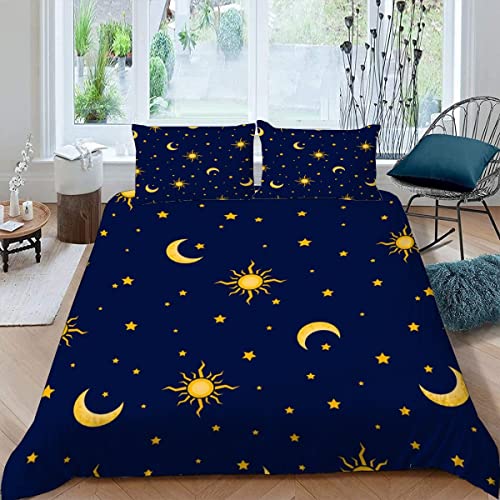 BUMIYA Kinder Bettwäsche Set 135x200 3D Druck Sonne, Mond Und Sterne Bettwäsche100% Mikrofaser Weiche mit Reißverschluss Blau Und Gold Winter Herbst Bettbezüge mit 2 Kissenbezug 80x80 cm von BUMIYA