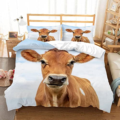 Kuh Tiere Bettwäsche 155×220 Weiche Mikrofaser Bettbezug 3D Druck Braune Kuh mit Reißverschluss Für Teenager Jungen Mädchen Zimmer Dekor Bettwäsche Set mit 2 Kissenbezüge 80×80 cm von BUMIYA