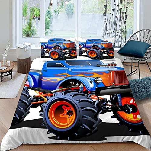 Monster-Trucks Bettwäsche 135×200 Weiche Mikrofaser 3d Druck Blaue Big Wheel Trucks Bettbezug mit Reißverschluss Für Kinder Zimmer Dekor Winter Herbst 3 Teilig Bettwäsche Set mit 2 Kissenbezüge 80×80 von BUMIYA