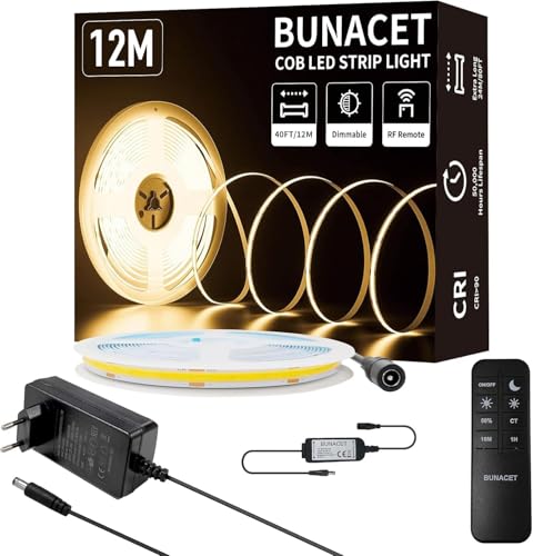 BUNACET COB LED Streifen 12M, LED Strip Warmweiss Dimmbar 24V 3000K, CRI90+ LED Band Lichtband Stripes mit RF Fernbedienung und Netzteil für Küche, Schlafzimmer, Wohnzimmer, Schrank, Spiegel von BUNACET