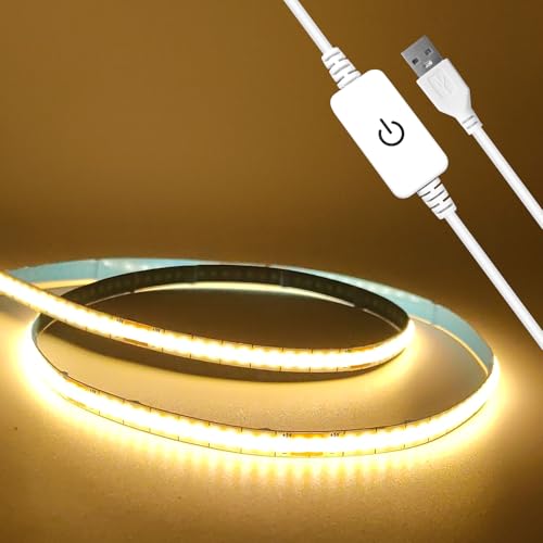 BUNACET COB LED Streifen USB 1M, Flexible LED Band Warmweiss 5V Dimmbar 3000K, LED Strip Lichtband Stripes Selbstklebend für Küche, Schrank, Rückseite des PC, DIY Dekoration von BUNACET
