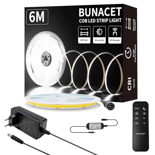 BUNACET COB LED Streifen 6M, LED Strip Kaltweiß Dimmbar 24V 6500K, CRI90+ Lichtband LED Band Stripes mit Netzteil und RF Fernbedienung für Küche, Schlafzimmer, Wohnzimmer, Schrank, Spiegel von BUNACET