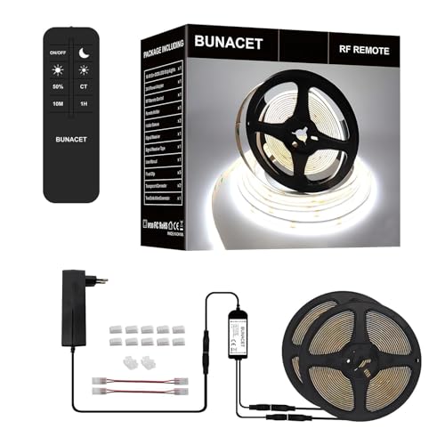 BUNACET COB LED Streifen Strip 12M 24V Dimmbar Kaltweiß 6500K, Lichtband LED Band Leiste Selbstklebend 5760 LEDs mit Netzteil & RF Fernbedienung für Küche, Schlafzimmer, Wohnzimmer, Schrank, Innen von BUNACET