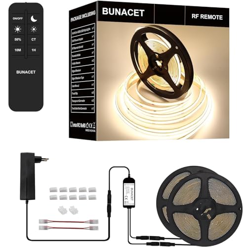 BUNACET COB LED Streifen Strip 12M 24V Dimmbar Naturweiß 4000K, Lichtband LED Band Leiste Selbstklebend 5760 LEDs mit Netzteil & RF Fernbedienung für Küche, Schlafzimmer, Wohnzimmer, Schrank, Innen von BUNACET