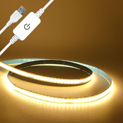 BUNACET COB LED Streifen USB 1M, LED Strip Warmweiss 5V Dimmbar 3000K, Flexible LED Band Lichtband Stripes Selbstklebend für Küche PC TV Hintergrund beleuchtung DIY Dekoration von BUNACET