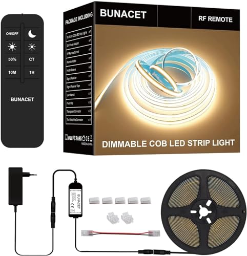 BUNACET COB LED Strip Streifen 6M 24V Dimmbar Warmweiß 3000K, LED Leiste Band Stripes Lichtband 2880 LEDs mit Netzteil & RF Fernbedienung für Küche, Schlafzimmer, Wohnzimmer, Schrank, Spiegel, Innen von BUNACET