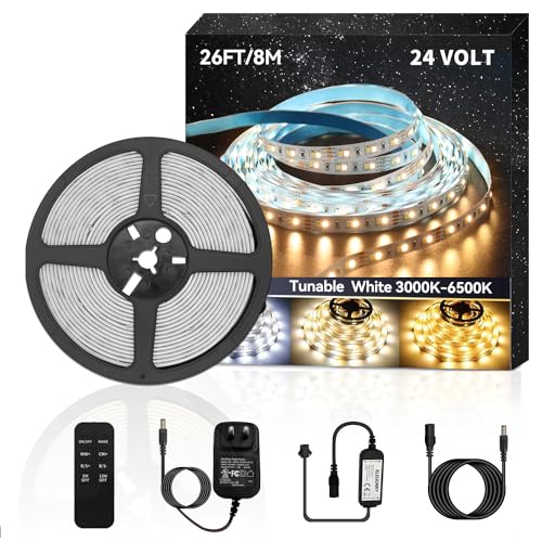 BUNACET LED Strip Streifen 8M 24V Dimmbar Warmweiß 3000K-6500K Kaltweiß, LED Leiste Band Stripes Lichtband Weiß 960 LEDs mit RF Fernbedienung Netzteil für Küche, Kabinett, Schränke, Innen von BUNACET