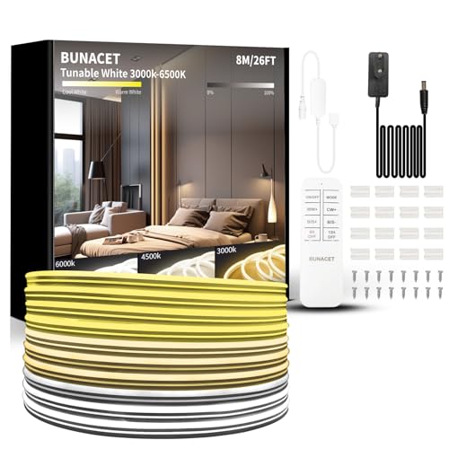 BUNACET LED Strip Warmweiss 8M 24V, Neon LED Streifen Warmweiß 3000K-6500K Kaltweiß Dimmbar, Wasserdicht Flexibel LED Band mit Fernbedienung und Netzteil, Silikon Lichtband für Innen Aussenbereich von BUNACET