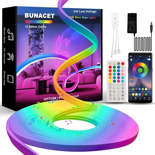 BUNACET Neon LED Strip 16M 24V RGB+IC, IP65 Wasserdicht LED Streifen Outdoor Neon Lichtband, DIY Flexibel LED Band mit Netzteil Fernbedienung APP Steuerung, Silikon Lichtleiste für Innen Aussen Deko von BUNACET