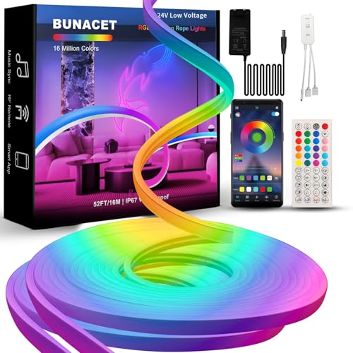 BUNACET Neon LED Strip 16M, RGB+IC Neon LED Streifen 24V, IP67 Wasserdicht Lichtband, DIY Flexibel LED Band mit APP Steuerung Fernbedienung und Netzteil, Silikon Lichtleiste für Innen Aussen, 2x8M von BUNACET