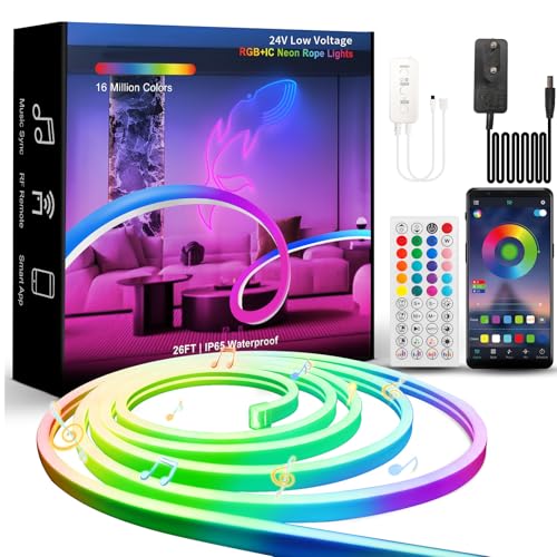 BUNACET Neon LED Streifen 8m, RGB+IC Neon LED-Röhre, 768 LEDs mit Fernbedienung & Netzteil, IP65 wasserdicht, Musik-Sync, 24V flexible Silikon-Beleuchtung für Innen/Außendekoration DIY von BUNACET