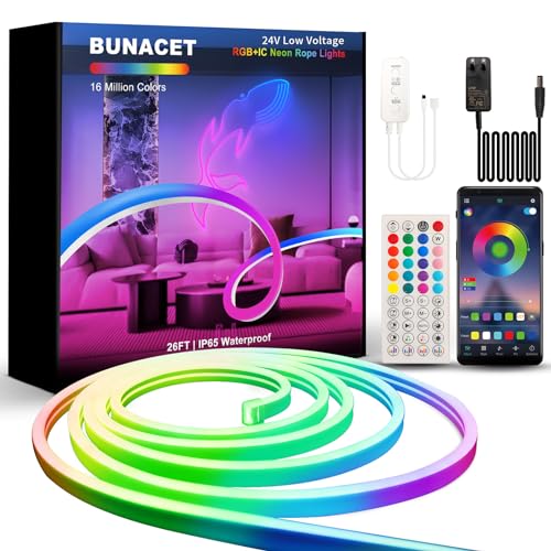 BUNACET Neon LED Strip 8M, RGB+IC Neon LED Streifen 24V,IP65 Wasserdicht Neon Lichtband 864LEDs,DIY Flexibel LED Band mit Fernbedienung und Netzteil,Silikon Lichtleiste für Innen Aussenbereich Deko von BUNACET