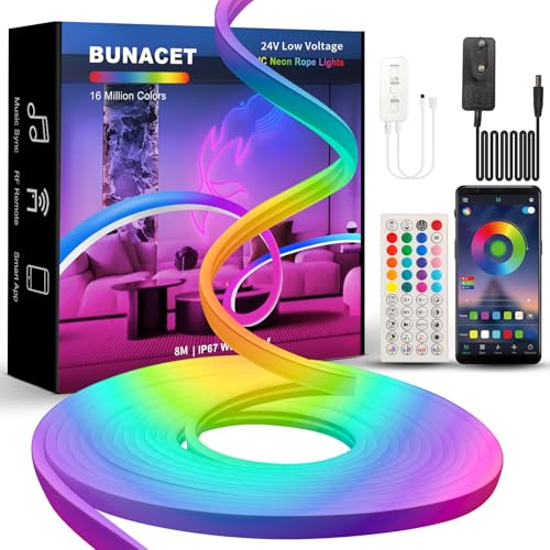 BUNACET Neon LED Strip 8M, RGB+IC LED Streifen 24V, IP67 Wasserdicht Neon Schlauch Lichtband, DIY Flexibel LED Band mit Fernbedienung und Netzteil,Silikon Lichtleiste für Innen Aussenbereich Deko von BUNACET