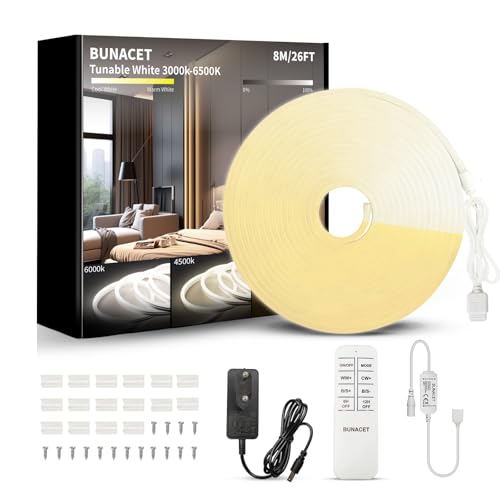 BUNACET Neon LED Strip Dimmbar 8M 24V, LED Streifen Warmweiß 3000K-6500K Kaltweiß, IP67 Wasserdicht Flexibel Neon LED Band mit Netzteil Fernbedienung Dimmbar, Silikon Lichtband für Innen Aussen von BUNACET