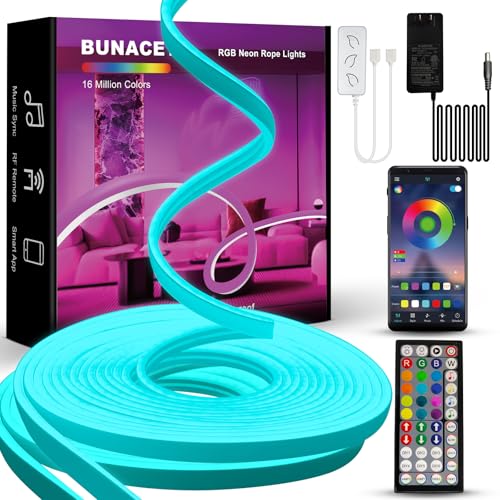BUNACET Neon LED Strip, RGB LED Streifen 16M 24V Dimmbar, IP67 Wasserdicht Flexible LED Band Lichtband Silikon mit App Steuerung, Musik Sync Netzteil & RF Fernbedienung für Innen Aussen, 2x8M von BUNACET