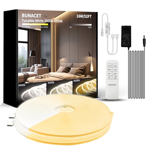 BUNACET LED Strip Warmweiss 16M 24V, LED Streifen Warmweiß 3000K-6500K Kaltweiß Dimmbar, Wasserdicht Flexibel LED Band mit Fernbedienung und Netzteil, Silikon Lichtband für Innen Aussen, 2x8M von BUNACET