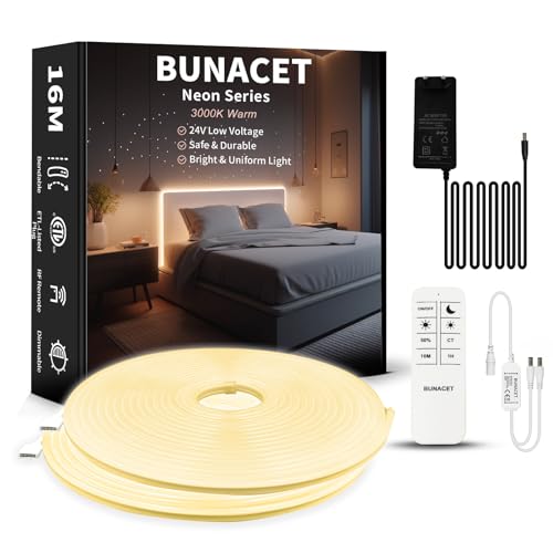 BUNACET Neon LED Strip Warmweiss 16M 24V, LED Streifen Dimmbar 3000K, Wasserdicht Neon Lichtband 960LEDs, Flexibel LED Band mit Fernbedienung und Netzteil, Silikon Lichtleiste für Innen Aussen, 2x8M von BUNACET