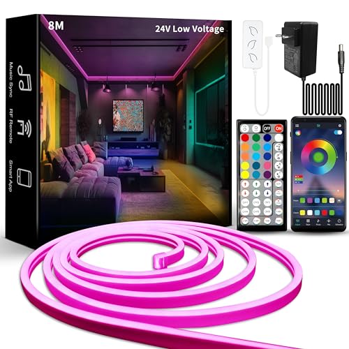 BUNACET Neon LED Strip Streifen RGB 8M 24V Dimmbar, Neon LED Band Lichtband IP65 Wasserdicht Flexible, LED Strip Silikon DIY mit App Steuerung, Musik Sync Netzteil & RF Fernbedienung für Innen Aussen von BUNACET