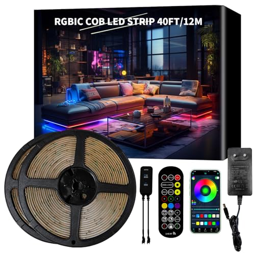 BUNACET RGB+IC COB LED Streifen Strip 12M 24V Dimmbar, Lichtband LED Band Leiste Lichtleiste Selbstklebend mit Netzteil RF Fernbedienung & App-Steuerung, Musik Sync für Küche Schlafzimmer Deko von BUNACET