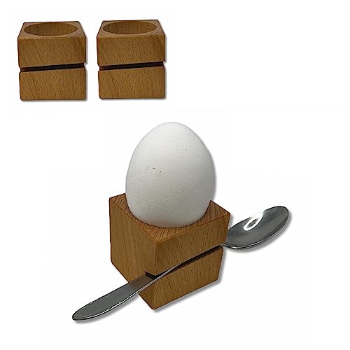 BUNBAN 2 Eierbecher aus Massivholz mit Löffelhalter modernes eckiges Design 4,5 x 4,5 x 4,5 cm (2 Stück) (Buche) von BUNBAN