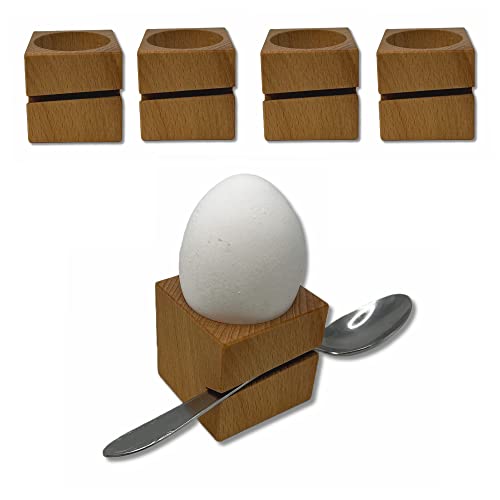 BUNBAN 4 Eierbecher aus Massivholz mit Löffelhalter modernes eckiges Design 4,5 x 4,5 x 4,5 cm (4 Stück) (Buche) von BUNBAN