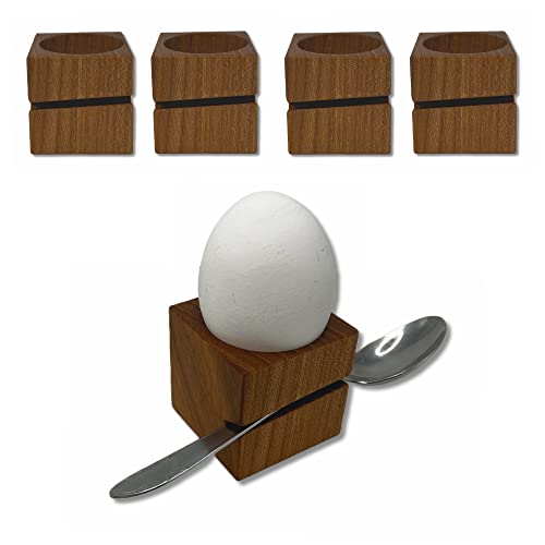 BUNBAN 4 Eierbecher aus Massivholz mit Löffelhalter modernes eckiges Design 4,5 x 4,5 x 4,5 cm (4 Stück) (Ulme) von BUNBAN