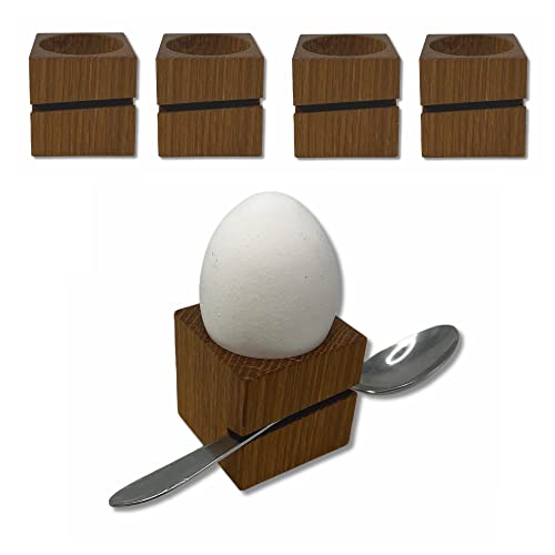 BUNBAN 4 Eierbecher aus Massivholz mit Löffelhalter modernes eckiges Design 4,5 x 4,5 x 4,5 cm (4 Stück) (Eiche) von BUNBAN
