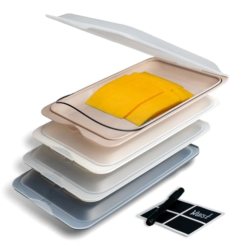 BUNDHEIM® Aufschnittboxen für Kühlschrank 4er Set | Aufschnittbox stapelbar ideal zur Wurst Aufbewahrung Kühlschrank | Frischhaltedosen mit Deckel inkl. Kreidestift und 4 Tafel-Etiketten (monochrom) von BUNDHEIM