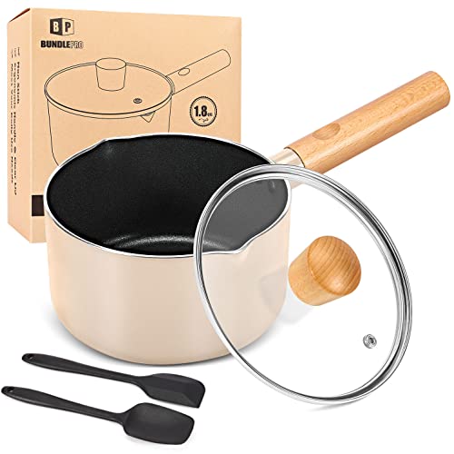 1,8 Quart Stielkasserolle Set mit Deckel, antihaftbeschichtet, kleiner Saucentopf, induktionskompatible Aluminium-Kochtöpfe mit Silikonspateln für Nudeln, Ei, Reis, Milch, Suppe (Rosa) von BUNDLEPRO