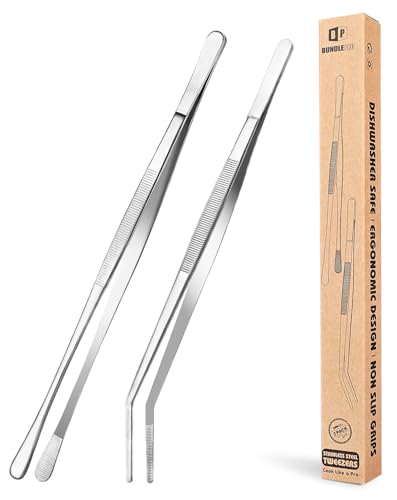2 Stück feine Pinzettenzangen, 12'' Edelstahl Pinzetten Set, Professionelle silberne Küchenpinzette zum Kochen, Reparieren, für Meeresfrüchte und BBQ von BUNDLEPRO