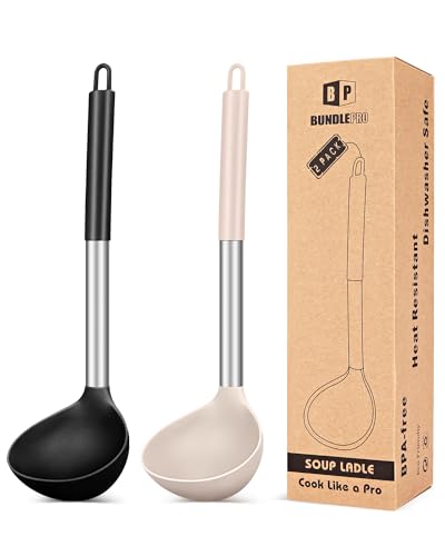 BUNDLEPRO 2 Schöpflöffel, Silikon, großer Löffel für Suppe, antihaftbeschichtet, hitzebeständig, BPA-frei, perfektes Küchenwerkzeug zum Kochen, Rühren, Servieren von Suppen (Schwarz-Khaki) von BUNDLEPRO