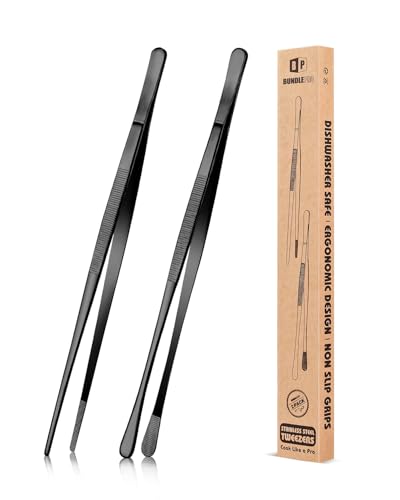 2 Stück 25,5 CM Küchenpinzette Feine Pinzettenzange, Professionelle lange Kochpinzette aus Edelstahl für BBQ, Meeresfrüchte, Reparieren und Servieren (SCHWARZ) von BUNDLEPRO