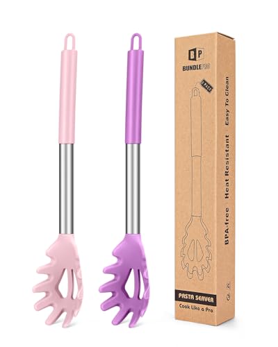 2 Stück Silikon-Nudelgabel, hitzebeständiger Nudellöffel-Server, BPA-frei, Spaghetti-Sieb, beste Kochutensilien (Rosa-Violett) von BUNDLEPRO