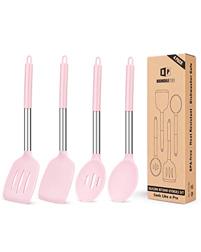 4 Stück Silikon-Kochutensilien-Set, antihaftbeschichtet, groß, solide Spatel, hitzebeständig, blaue Schlitzlöffel, ideal BPA-frei, Küchenwender zum Braten, Mischen, Servieren, Drehen, Rühren von BUNDLEPRO