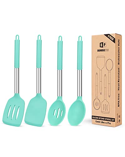 4 Stück Silikon-Kochutensilien-Set, antihaftbeschichtet, groß, solide Spatel, hitzebeständig, blaue Schlitzlöffel, ideal BPA-frei, Küchenwender zum Braten, Mischen, Servieren, Drehen, Rühren von BUNDLEPRO