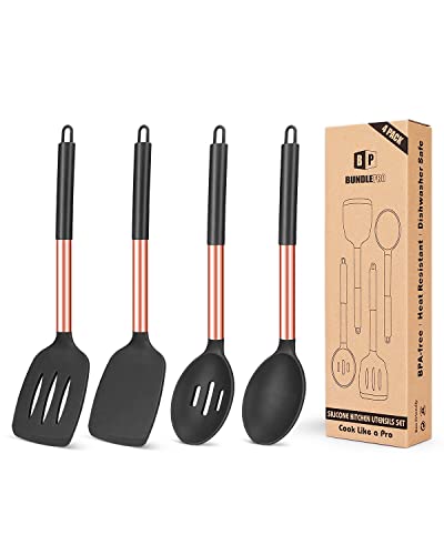 4 Stück Silikon-Kochutensilien-Set, antihaftbeschichtet, groß, solide Spatel, hitzebeständig, schwarze Schlitzlöffel, ideal BPA-freie Küchenwender zum Braten, Mischen, Servieren, Abtropfen von BUNDLEPRO