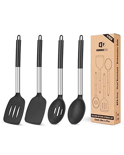 4 Stück Silikon-Kochutensilien-Set, antihaftbeschichtet, groß, solide Spatel, hitzebeständig, schwarze Schlitzlöffel, ideal BPA-freie Küchenwender zum Braten, Mischen, Servieren, Abtropfen von BUNDLEPRO