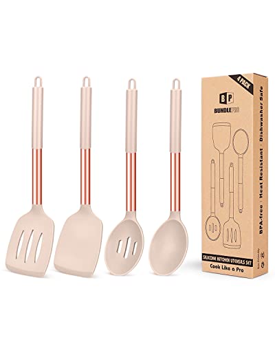 4 Stück Silikon-Kochutensilien-Set, antihaftbeschichtet, groß, solide Spatel, hitzebeständig, schwarze Schlitzlöffel, ideal BPA-freie Küchenwender zum Braten, Mischen, Servieren, Abtropfen von BUNDLEPRO