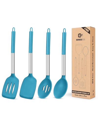 4 Stück Silikon-Kochutensilien-Set, antihaftbeschichtet, groß, solide Spatel, hitzebeständig, schwarze Schlitzlöffel, ideal BPA-freie Küchenwender zum Braten, Mischen, Servieren, Abtropfen von BUNDLEPRO