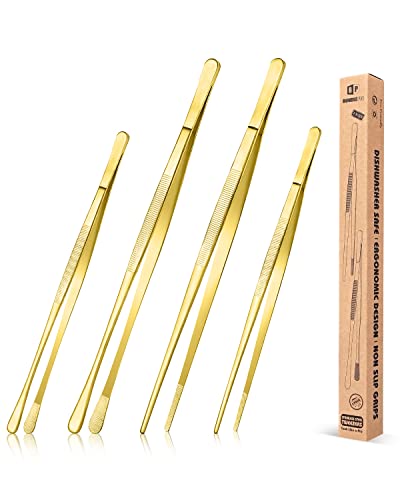 4 Stück feine Pinzettenzangen, 12'' und 10'' Edelstahl Pinzetten Set, Professionelle goldene Küchenpinzette zum Kochen, Reparieren, Meeresfrüchte und Grillen von BUNDLEPRO