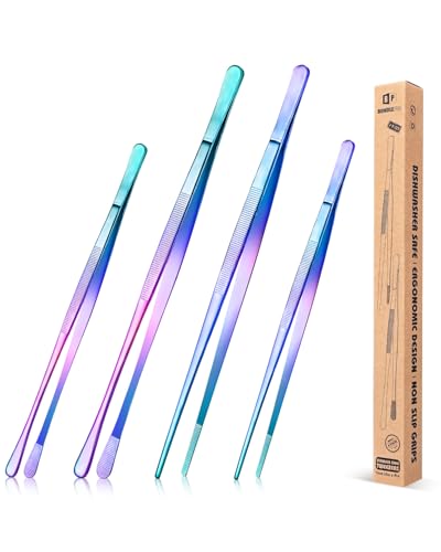 4 Stück feine Pinzettenzangen, 12'' und 10'' Edelstahl Pinzetten Set, Professionelle Regenbogen Pinzette für Kochen, Reparieren, Meeresfrüchte und BBQ von BUNDLEPRO